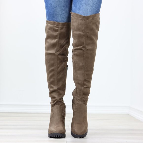 Full Lace-Up Back Taupe Faux Suede Thigh High Over The Knee Lug Block Heeled Boo - Picture 10 of 14